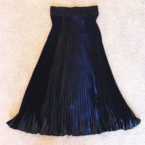 Navy Metallic Knife Pleated Midi Skirt